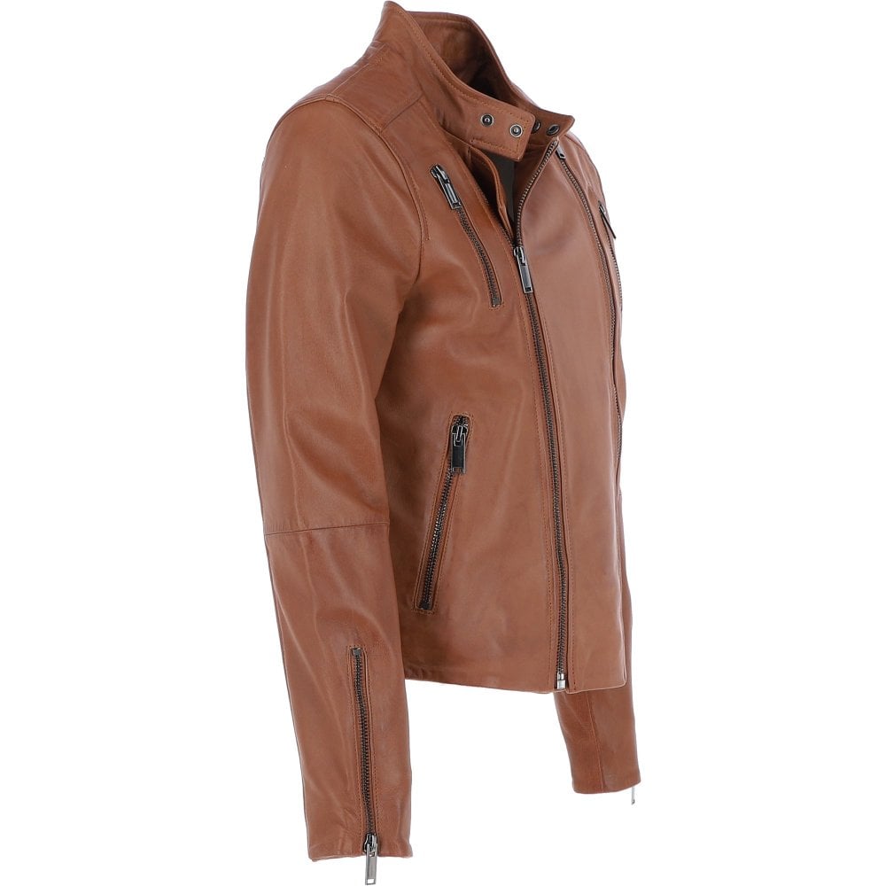Men’s Tan Leather Side Zip Biker Jacket