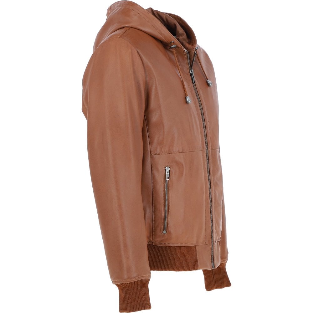 Men’s Leather Hooded Jacket Cognac Super Bomber