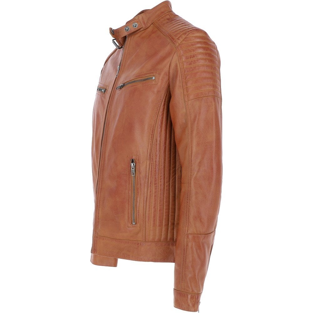 Men’s Tan Leather Biker Jacket Slim Fit, Modern Rider Style