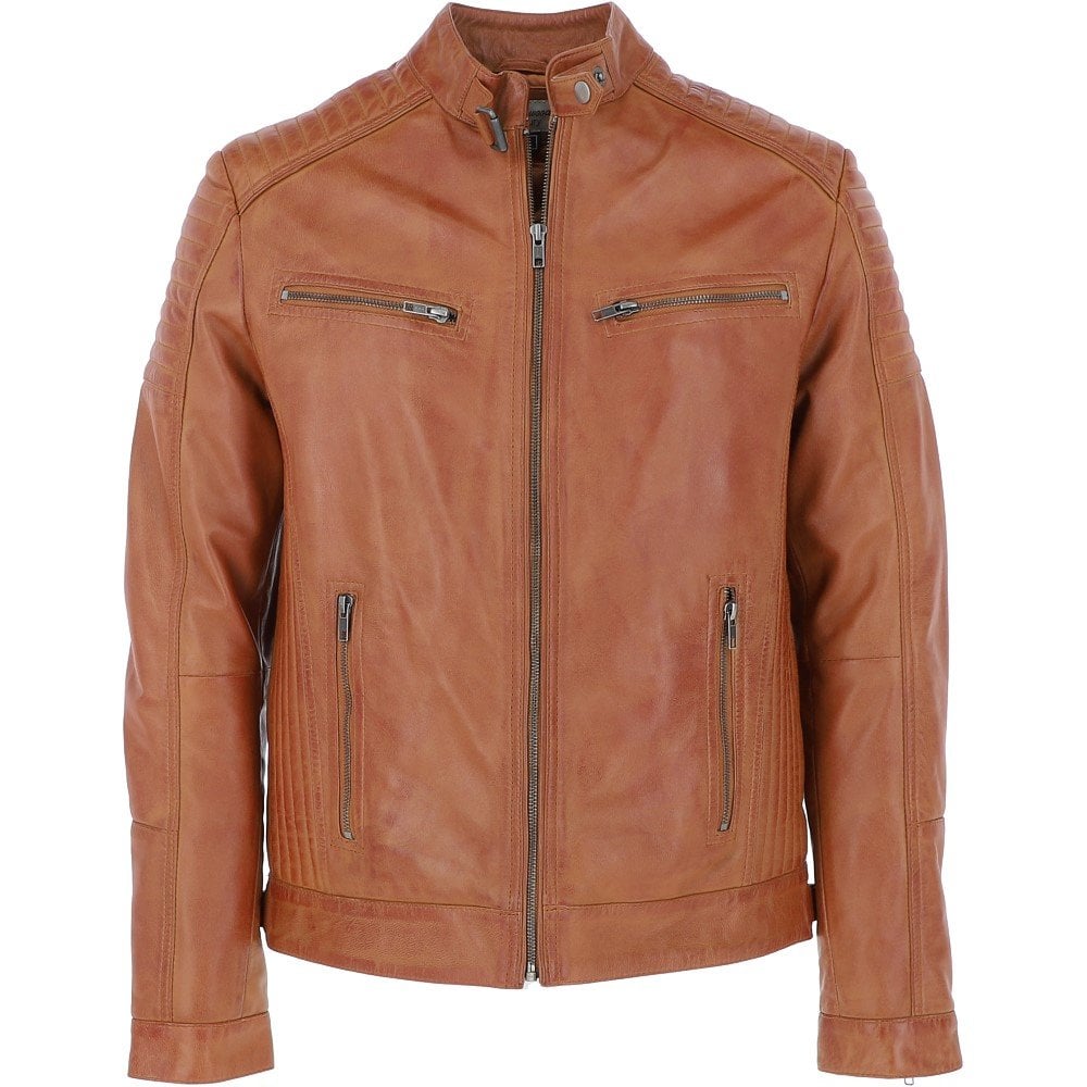 Men’s Tan Leather Biker Jacket Slim Fit, Modern Rider Style