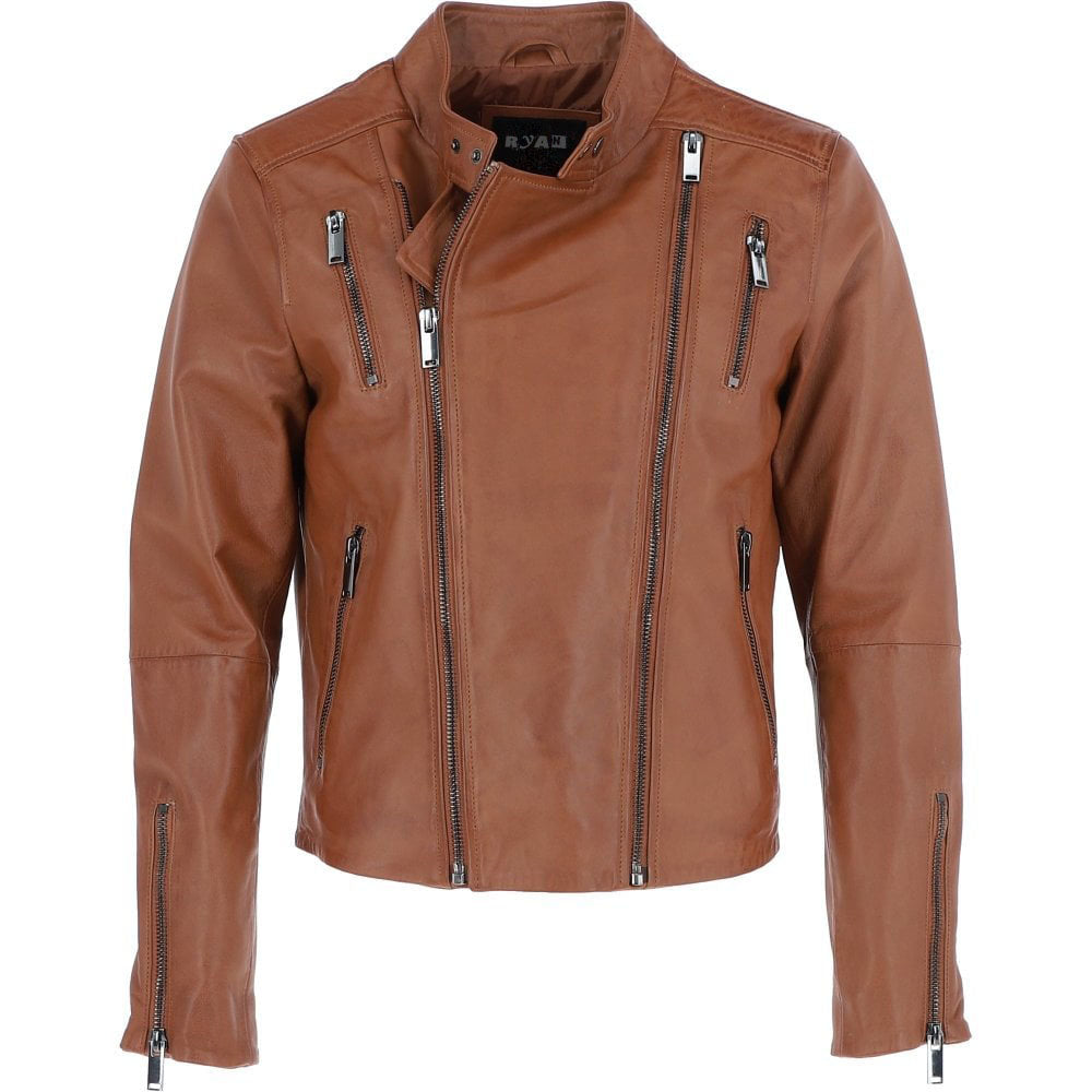 Men’s Tan Leather Side Zip Biker Jacket