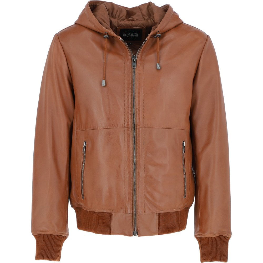 Men’s Leather Hooded Jacket Cognac Super Bomber