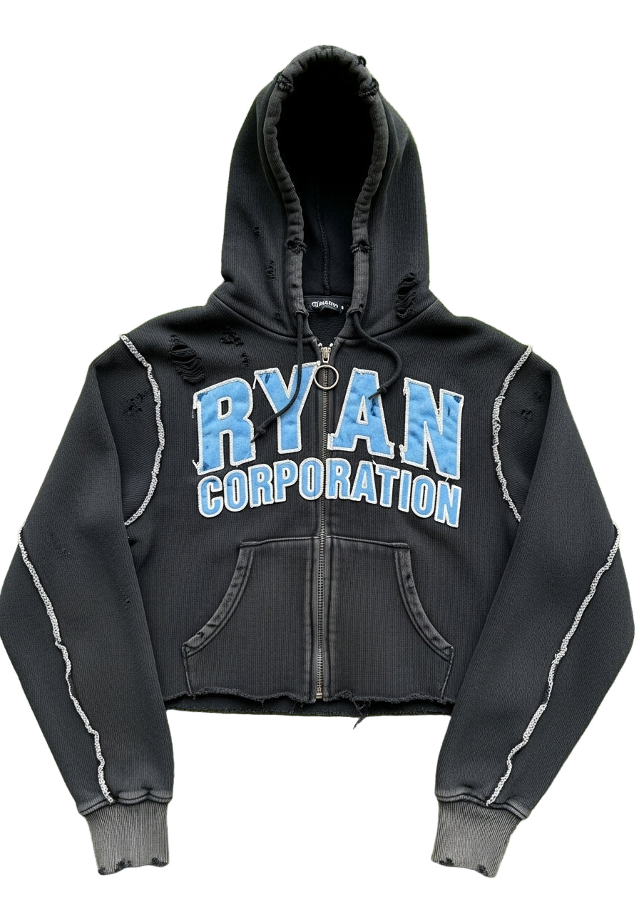 RYAN CORPORATION Distressed Cropped Zip Hoodie