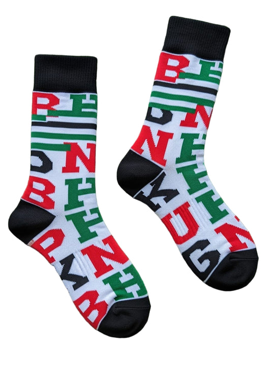 White Athletic Socks with Bold Red & Green Lettering