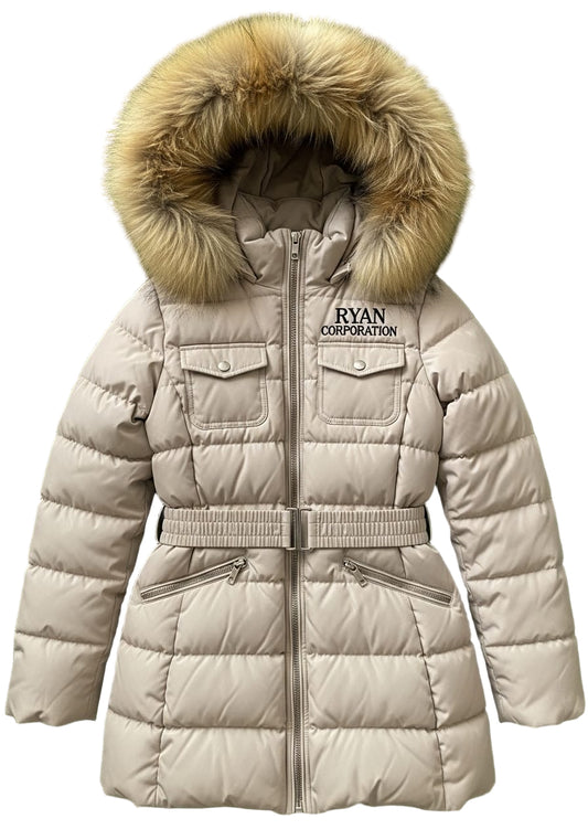 Light Beige Puffer Coat with Faux Fur Hood