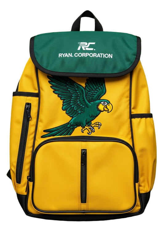 Yellow & Green Backpack with Embroidered Bird & Ryan Corporation Logo