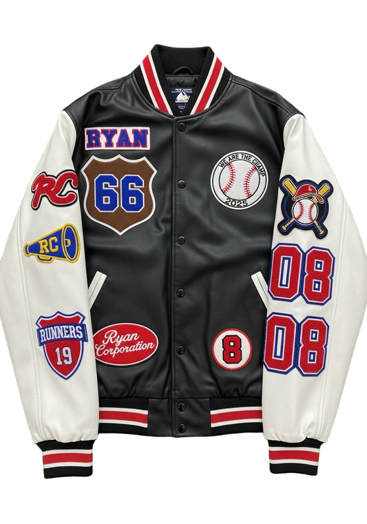 White & Black Varsity Jacket with Red Accents