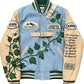 Light Blue & Beige Varsity Jacket with Nature-Themed Embroidery