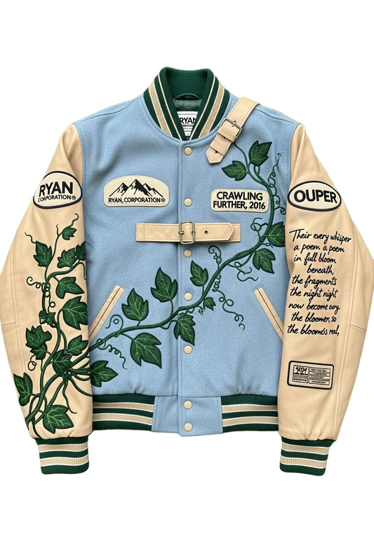 Light Blue & Beige Varsity Jacket with Nature-Themed Embroidery