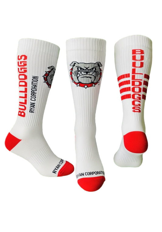 White Knee-High Socks with Red Accents & Bulldog Design