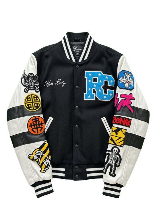 Black & White Letterman Jacket with Multicolor Patches