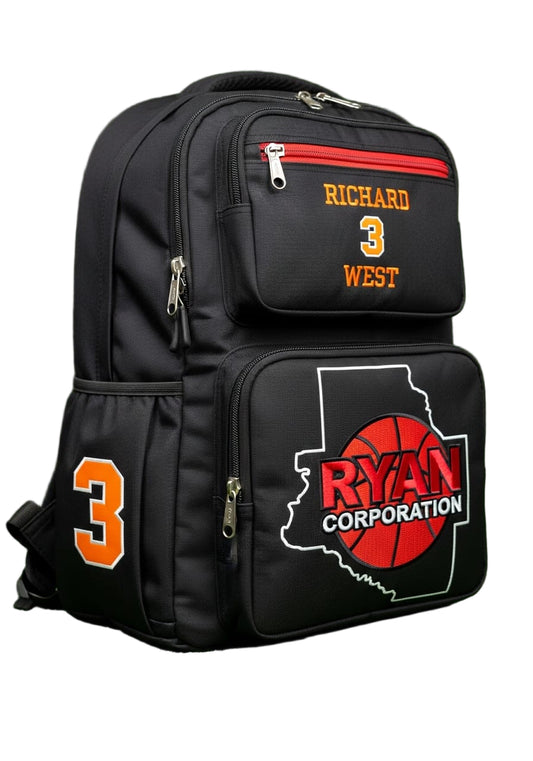 Black Backpack with Personalized Numbers & Ryan Corporation Basketball Logo