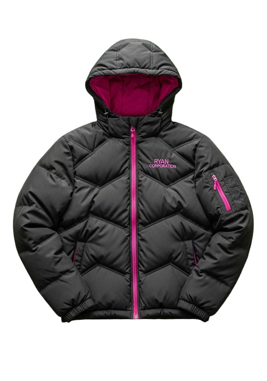 Black Puffer Jacket with Fuchsia Lining
