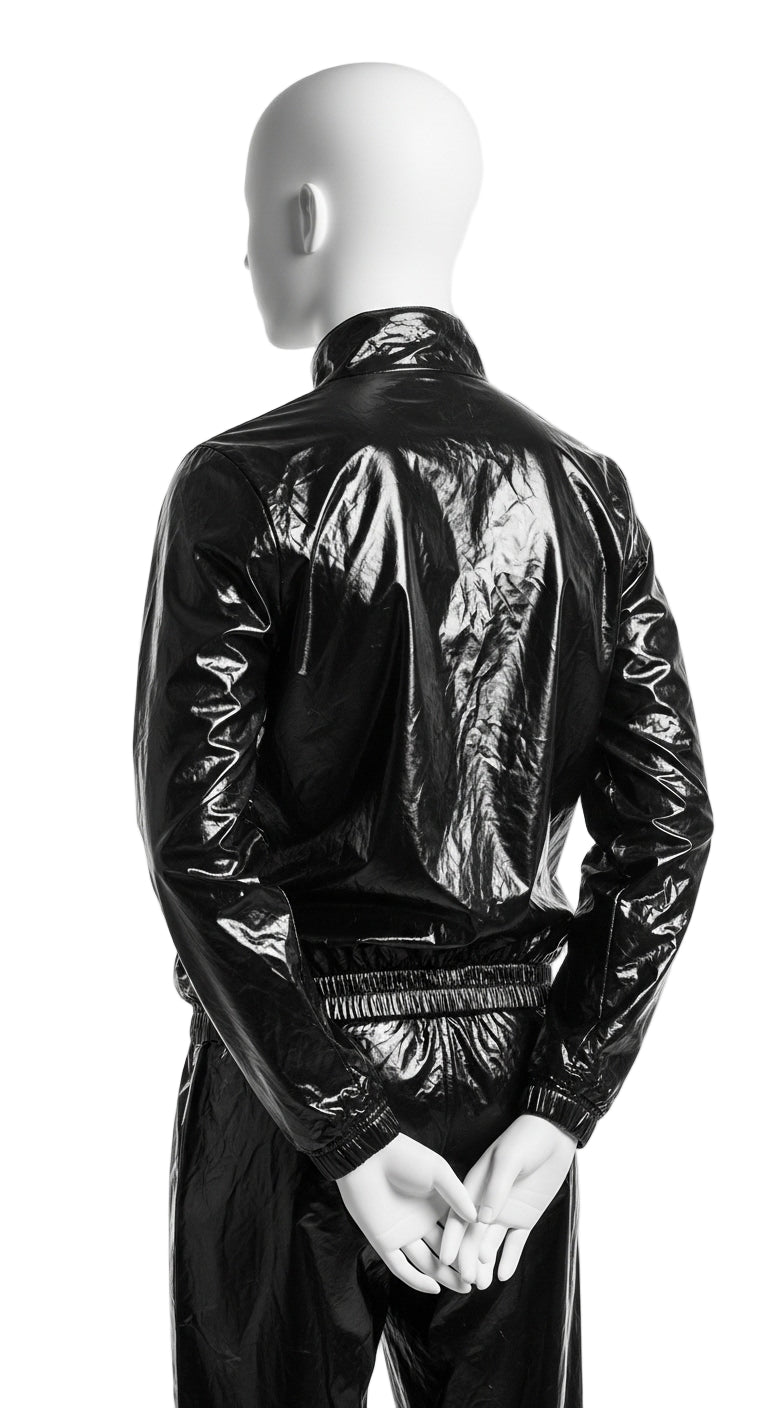 Classic Nylon Tracksuit Jacket Black Crew Neck, Hoodless Design