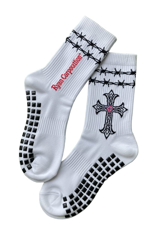 White Crew Socks with Black & Red Gothic Design