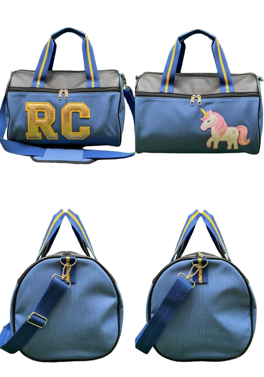 Blue & Black Duffel Bag with Gold RC Letter & Unicorn Patch