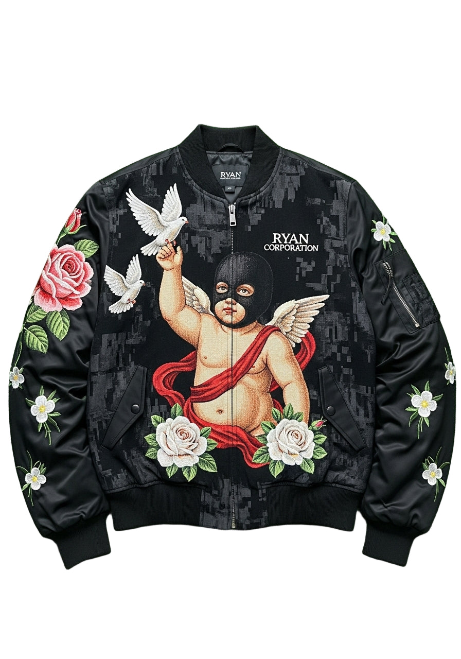 Black Bomber Jacket with Cherub & Floral Tapestry