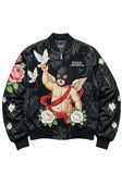 Black Bomber Jacket with Cherub & Floral Tapestry