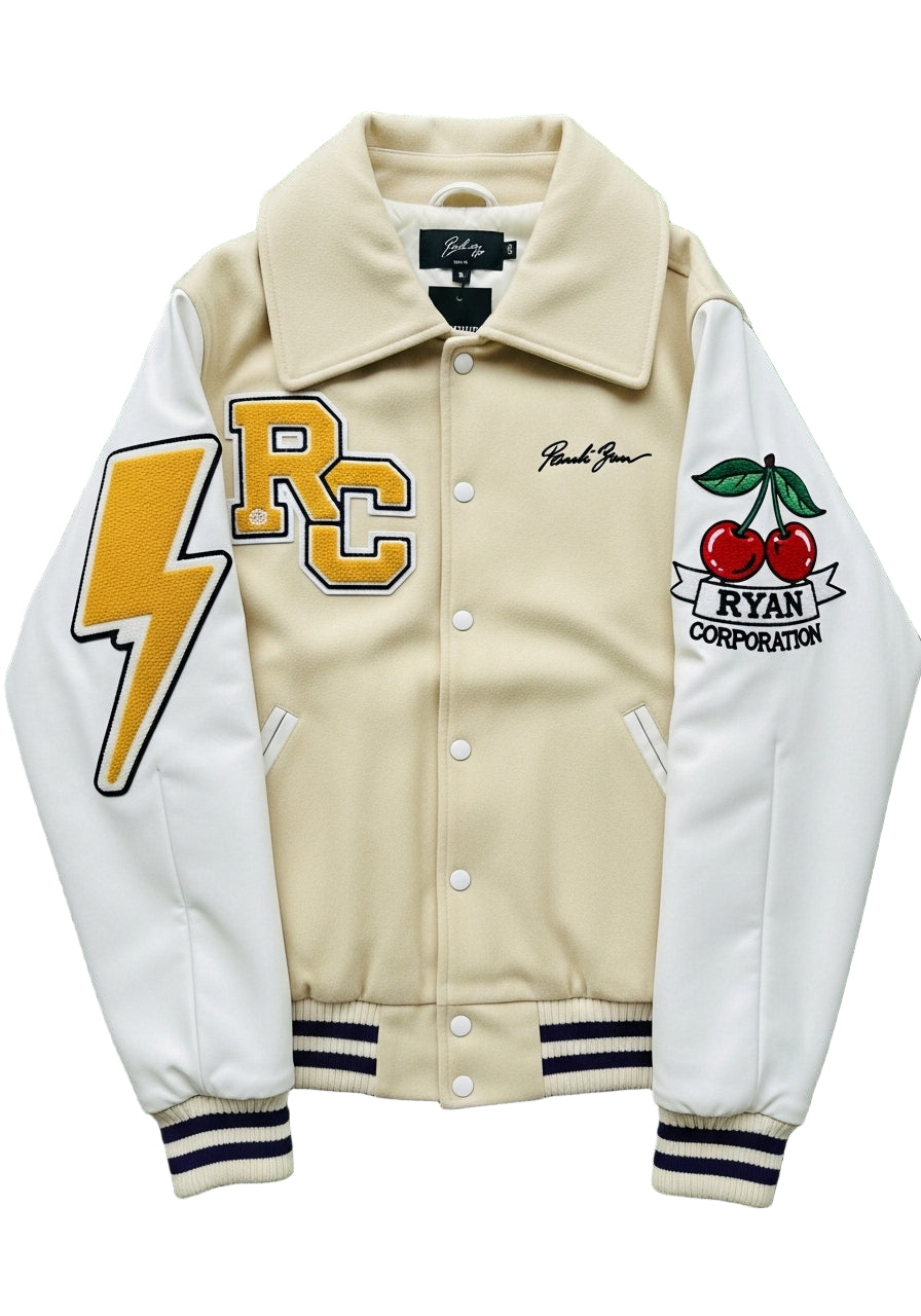 Cream & White Varsity Jacket with RC and Sleeve Graphics