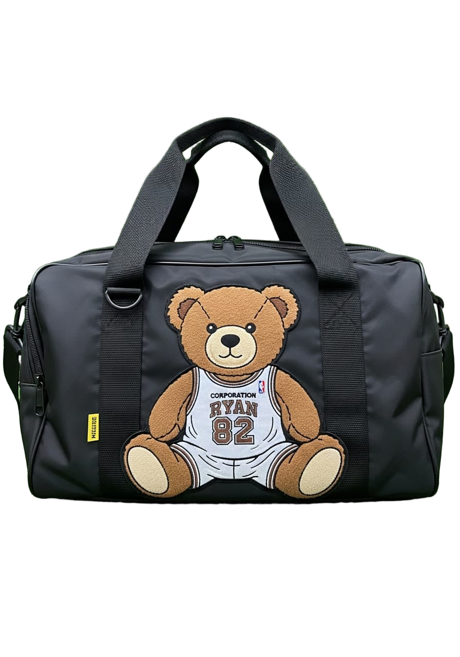 Black Duffel Bag with Teddy Bear Patch