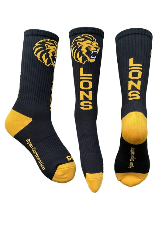 Black Athletic Socks with Yellow Lion Design