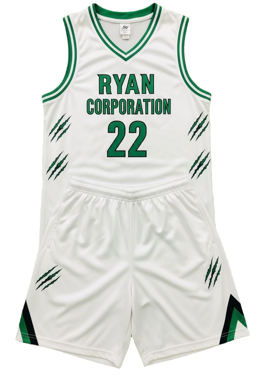 Ryan Corporation White & Green Basketball Uniform