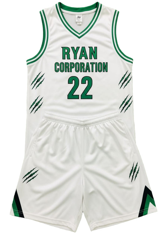 Ryan Corporation White & Green Basketball Uniform