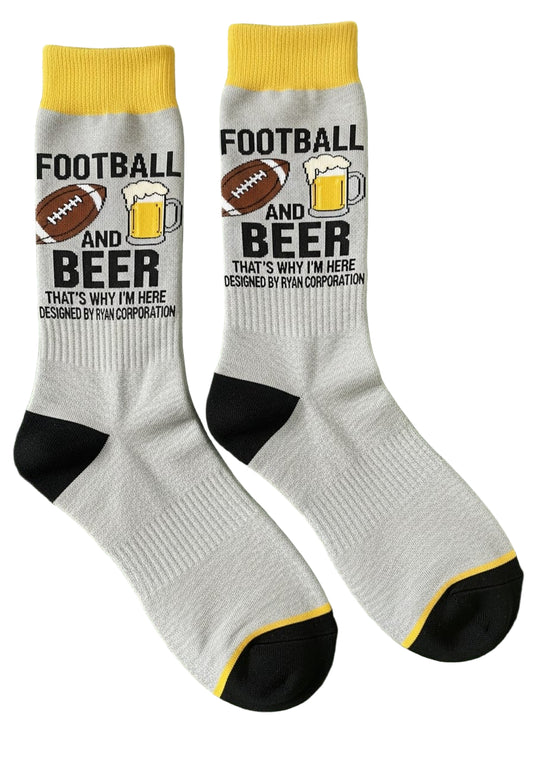 Gray & Yellow Football and Beer Crew Socks