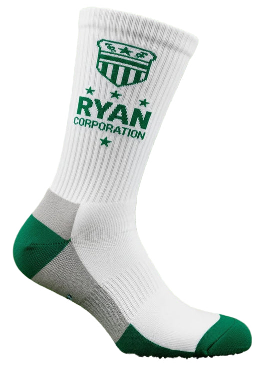 White Crew Socks with Green Accents & Logo