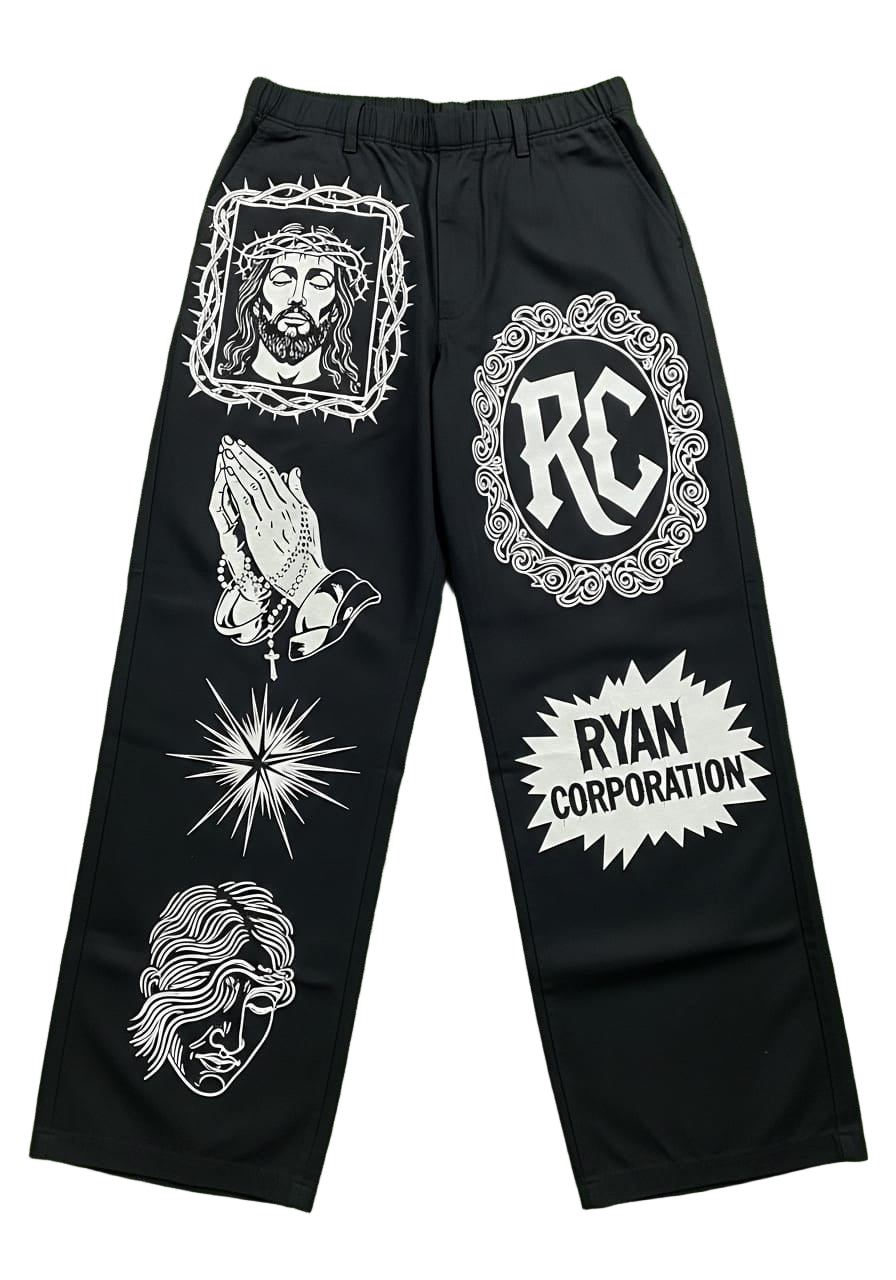 Black Wide-Leg Pants with White Graphic Prints – Ryan Corporation