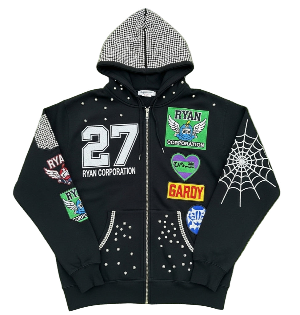 Black Full-Zip Hoodie with Embroidered Patches & Rhinestone