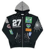 Black Full-Zip Hoodie with Embroidered Patches & Rhinestone