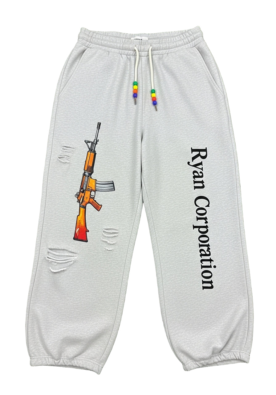 Light Gray Ripped "Ryan Corporation" Sweatpants  Rifle Graphic