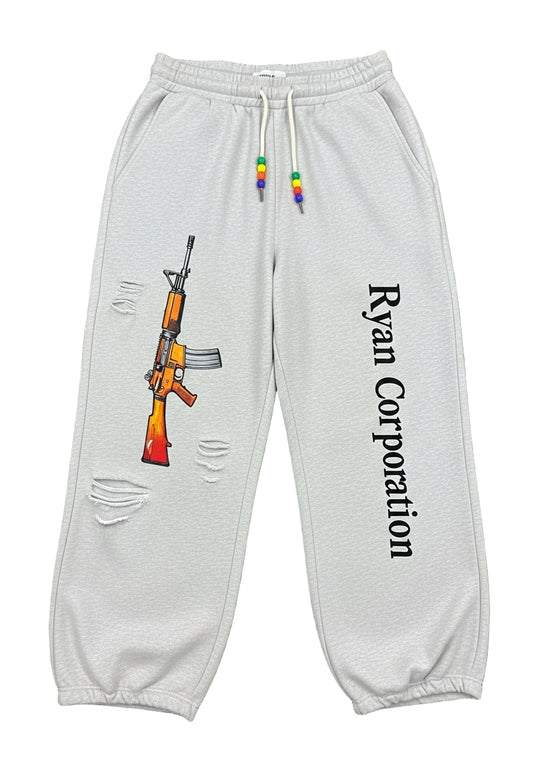 Light Gray Ripped "Ryan Corporation" Sweatpants  Rifle Graphic