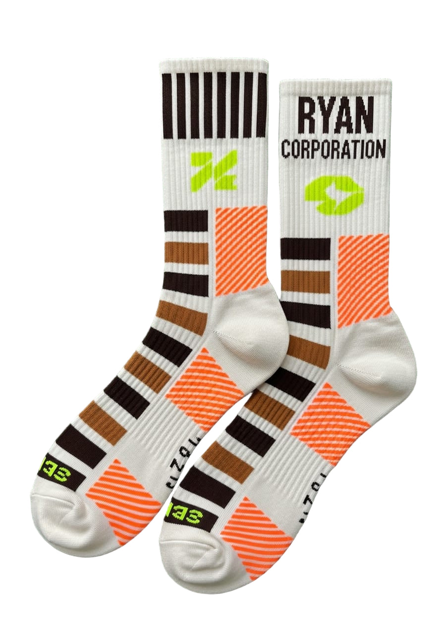 Cream Athletic Socks with Geometric Brown & Orange Pattern
