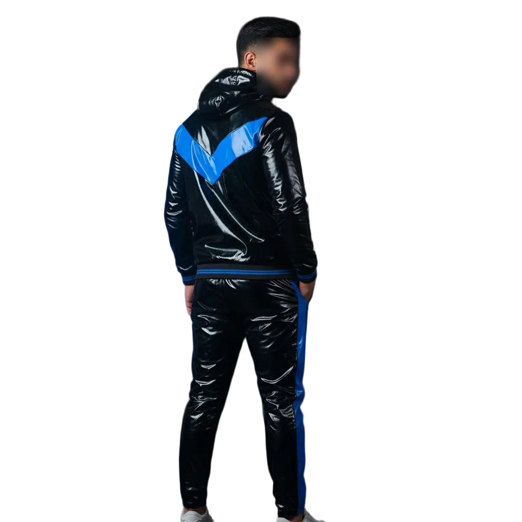 Men's Glossy Black & Electric Blue Chevron Tracksuit  High Fashion Streetwear Set