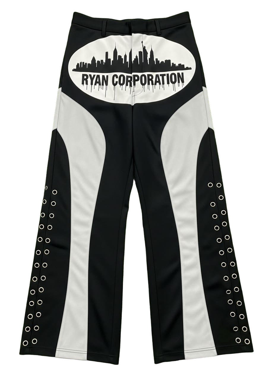 Black Wide-Leg Trousers with City Skyline Graphic and Panel Detailing – Ryan Corporation