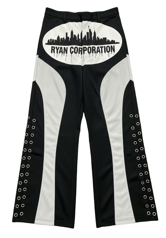 Black Wide-Leg Trousers with City Skyline Graphic and Panel Detailing – Ryan Corporation