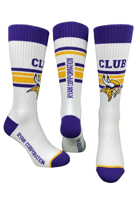 White, Purple & Gold Knee-High Socks with Viking Graphic