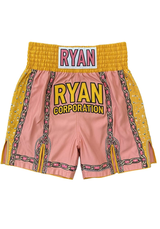 Salmon Pink & Golden Yellow Boxing Trunks with Ryan Corporation Branding