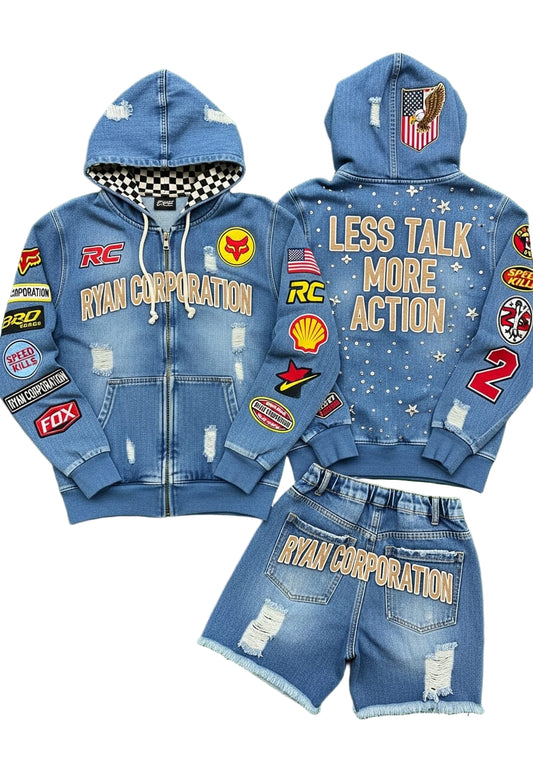 Ryan Corporation Denim Hoodie & Shorts Set