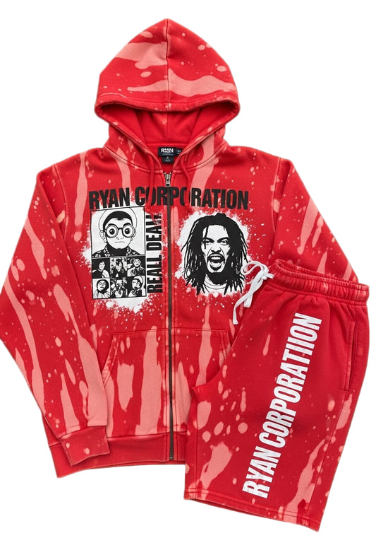 Ryan Corporation Red Bleached Hoodie & Shorts Set