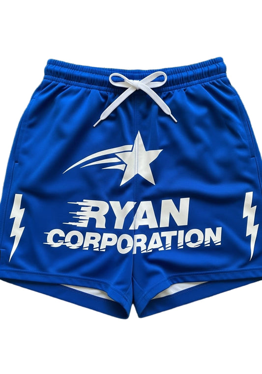 Blue Athletic Shorts with Star and Lightning Graphics – Ryan Corporation