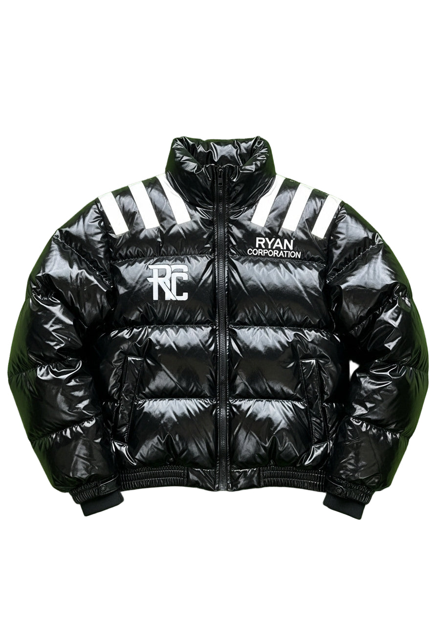 Glossy Black Puffer Jacket with RC Emblem