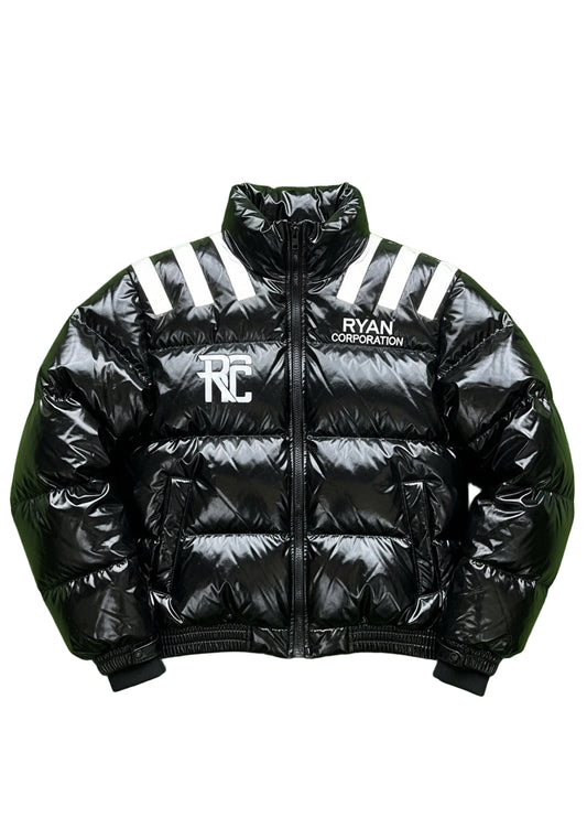 Glossy Black Puffer Jacket with RC Emblem