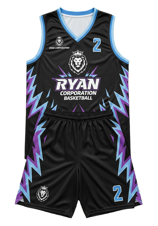 Ryan Corporation Kings Basketball Uniform  Black with Purple & Light Blue Accents