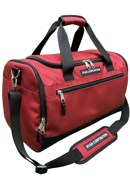 Red Duffel Bag with Black Straps & Ryan Corporation Logo