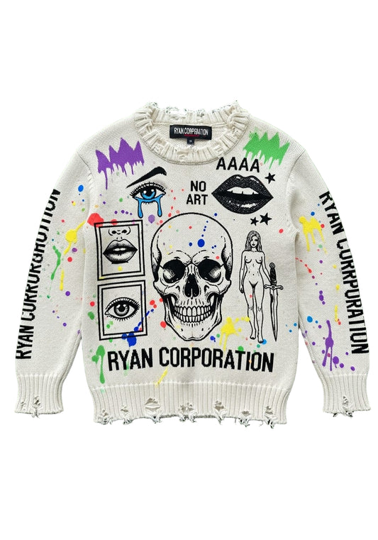Distressed Graphic Crewneck Sweater  Cream