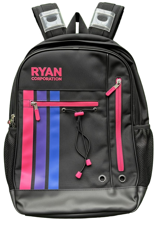 Black Sports Backpack with Pink Logo & Gradient Stripe
