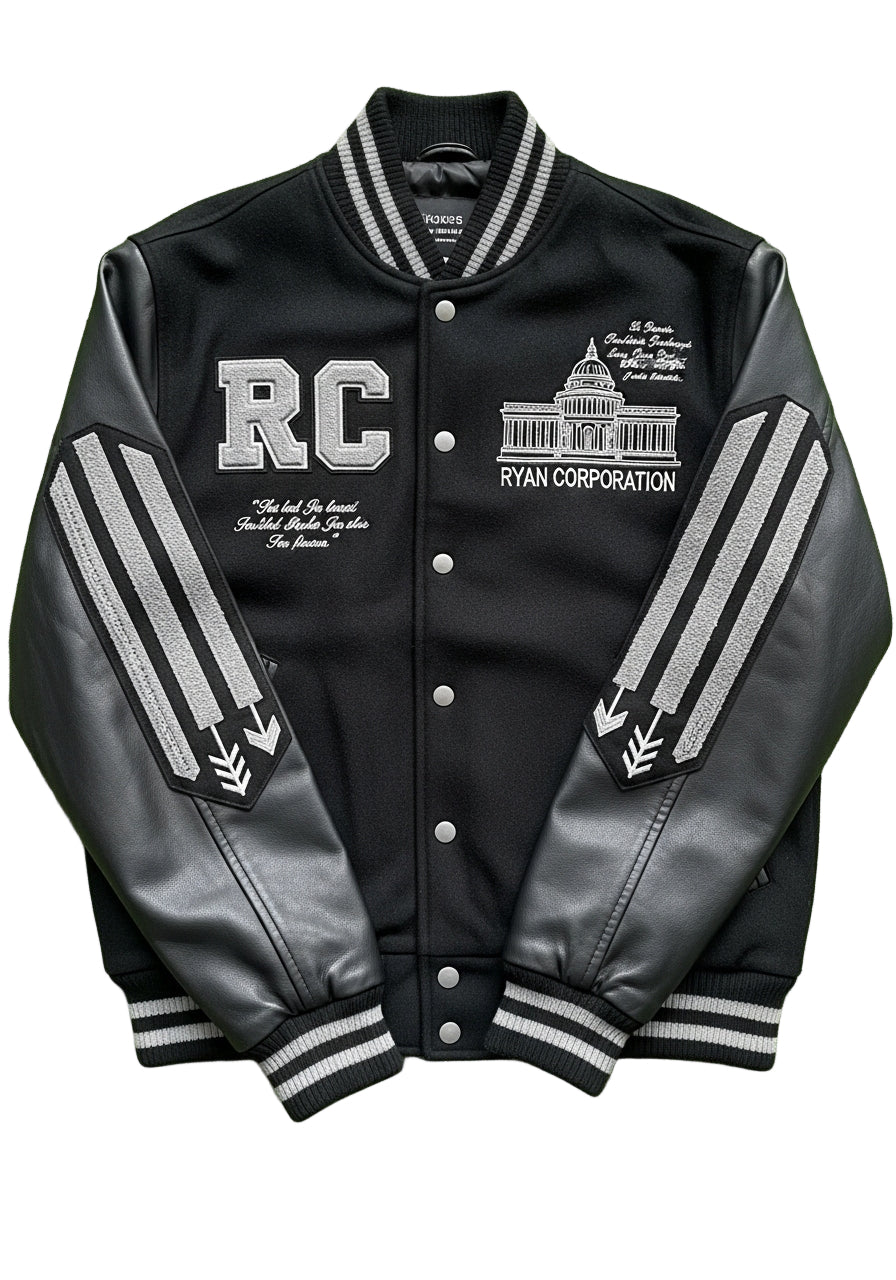 Black Varsity Jacket with Gray Accents & Embroidery